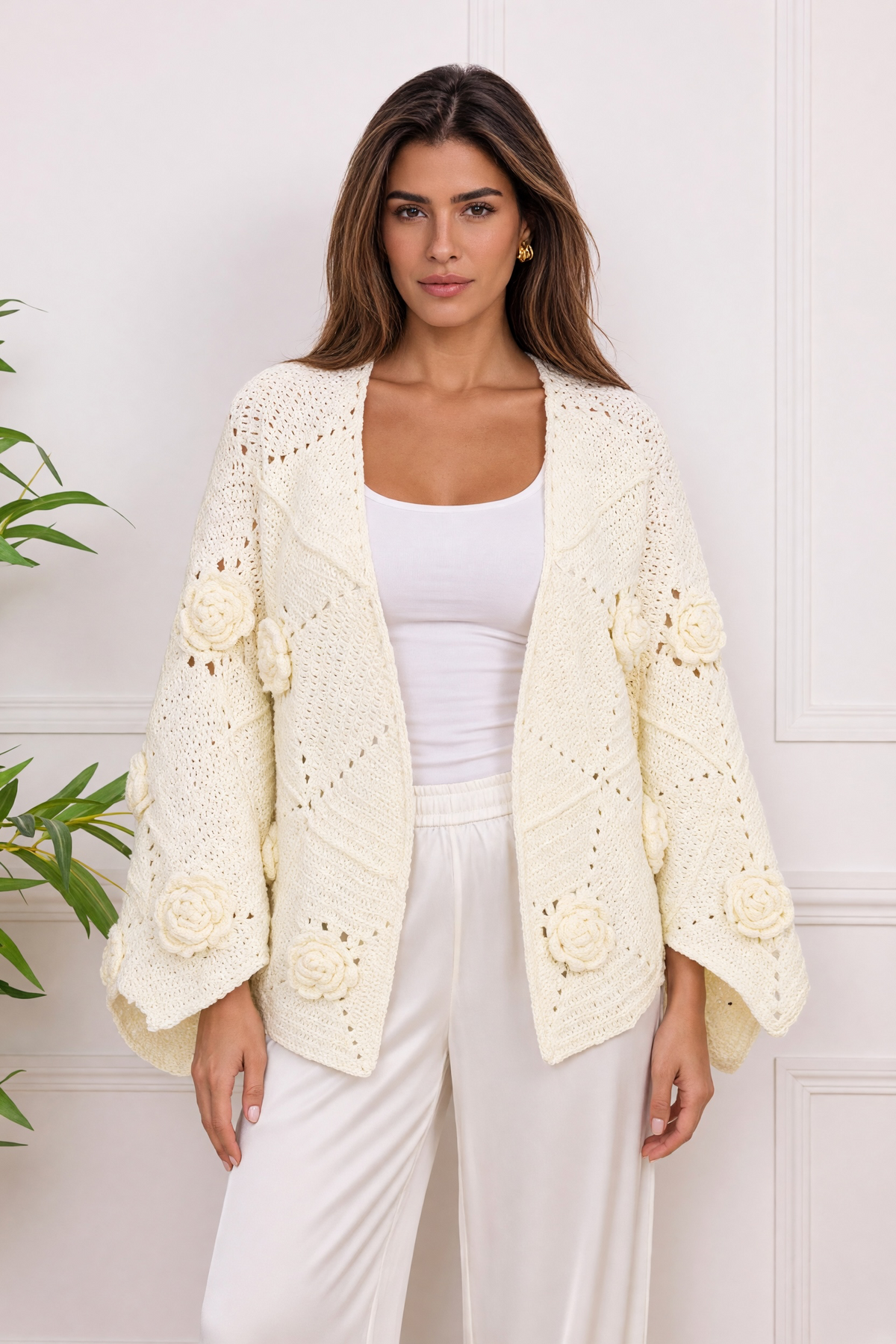 Handmade Cream 3D Floral Tricot Cardigan