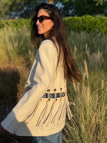 Rope Detail Pinstripe Linen Blazer