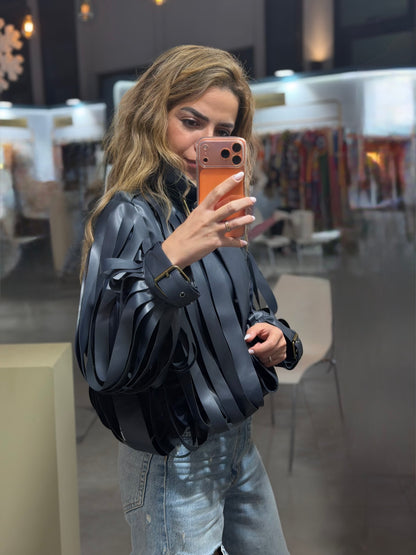 Navy blue Faux Leather Strap Jacket