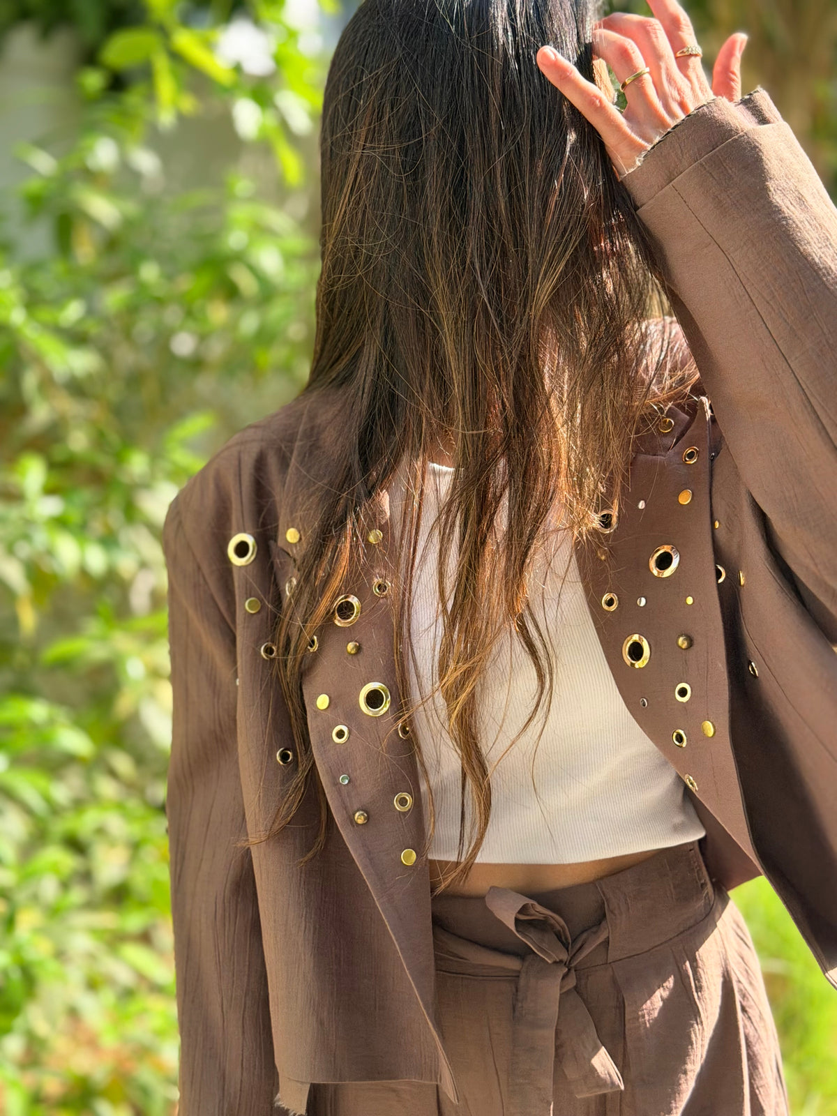 Brown hand-embellished Eyelet Blazer & Trouser Set