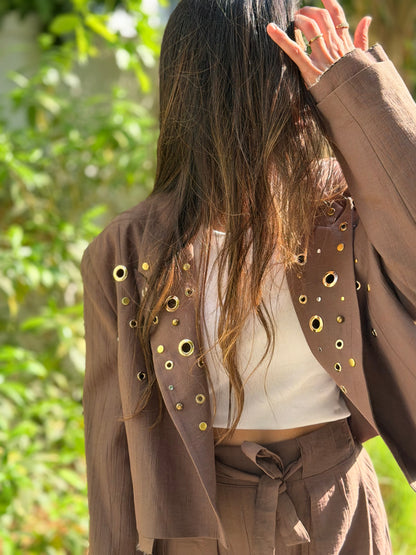 Brown hand-embellished Eyelet Blazer & Trouser Set
