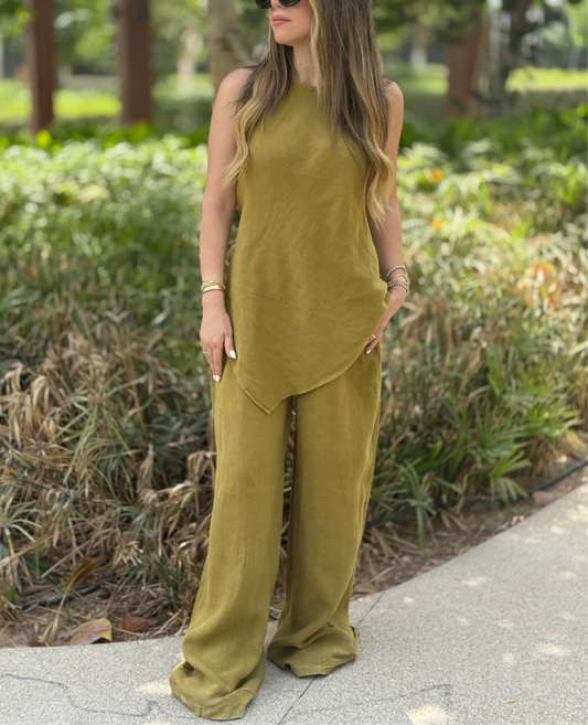 Asymmetric Olive Linen Set