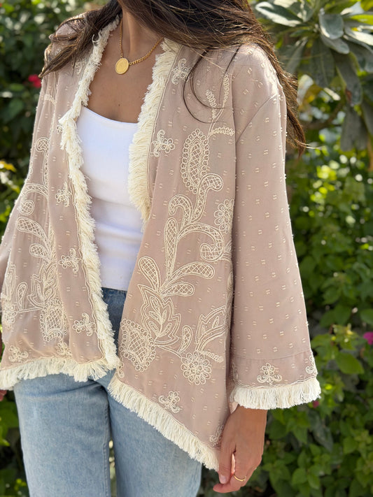 Embroidered Fringe Kimono