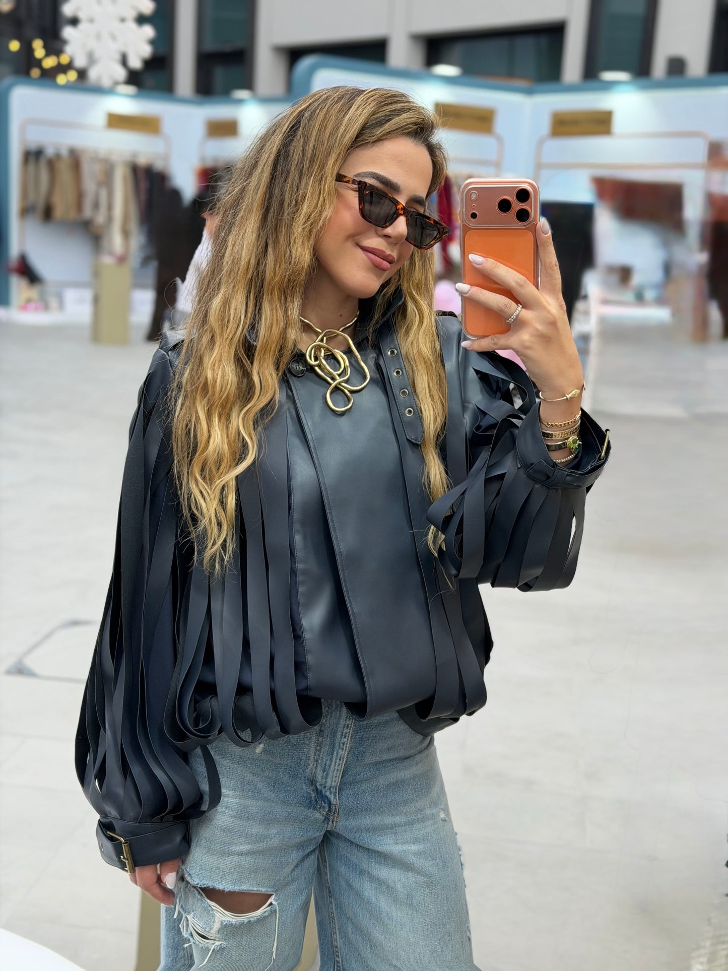 Navy blue Faux Leather Strap Jacket