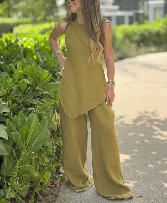 Asymmetric Olive Linen Set