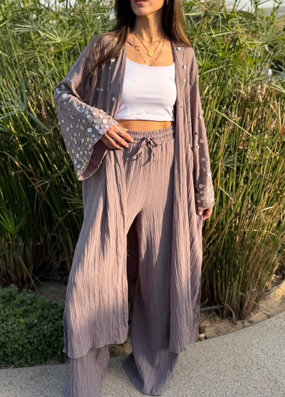 Hand-Embellished Shell-Button Textured Set - Mauve Taupe