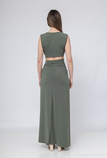 Khaki Knot-Front Cutout Maxi Dress