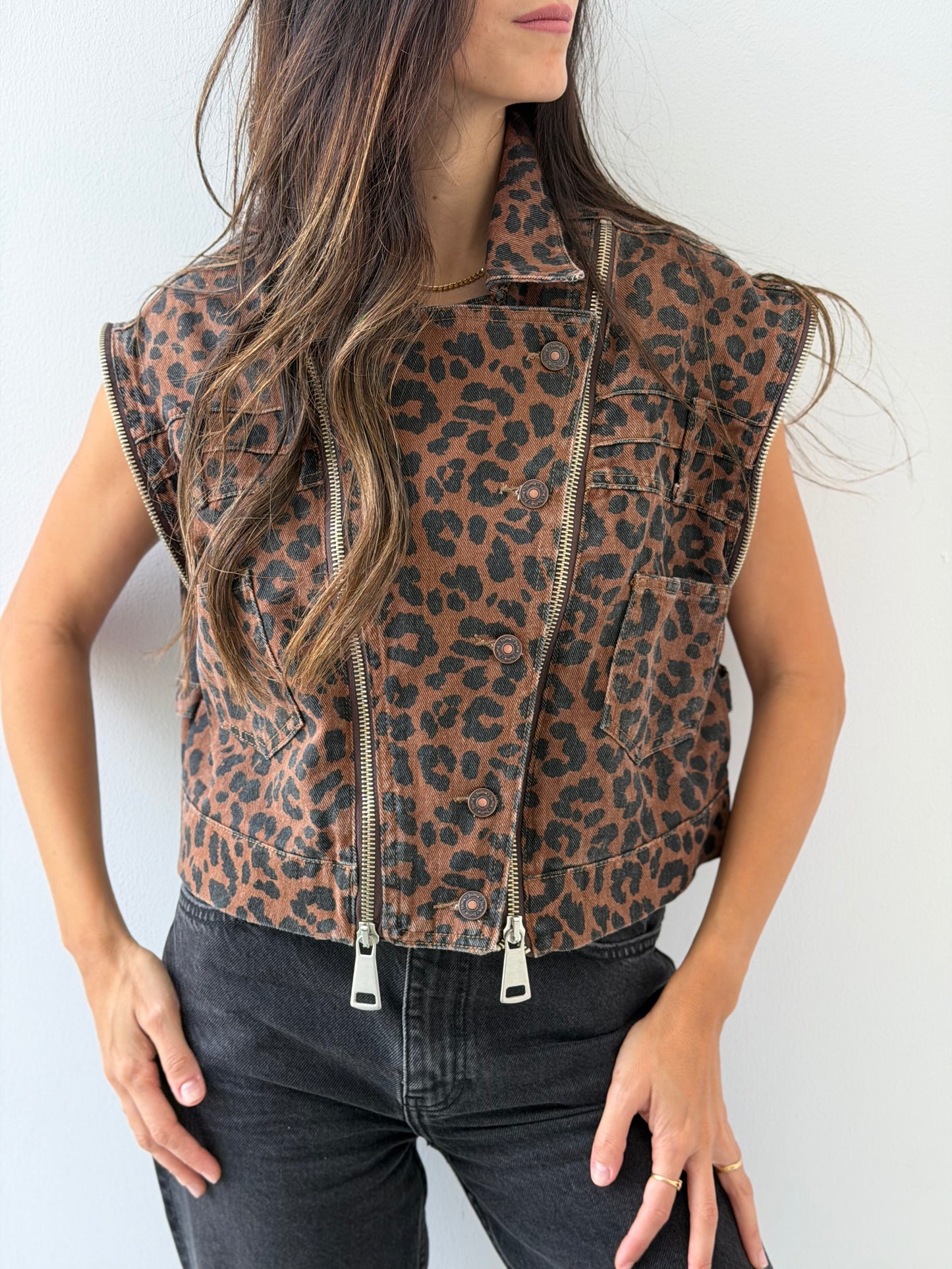 Zipper-Detailed Leopard Denim Vest