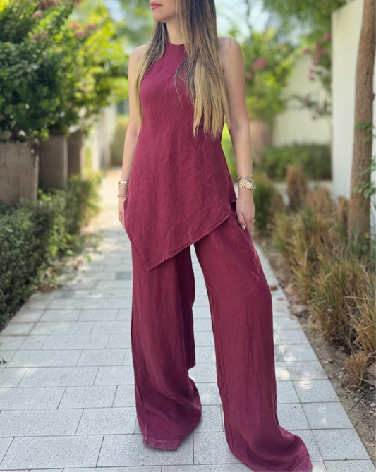 Asymmetric Linen Set in Bordeaux