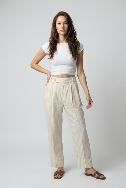 Pinstriped Linen Carrot Trousers