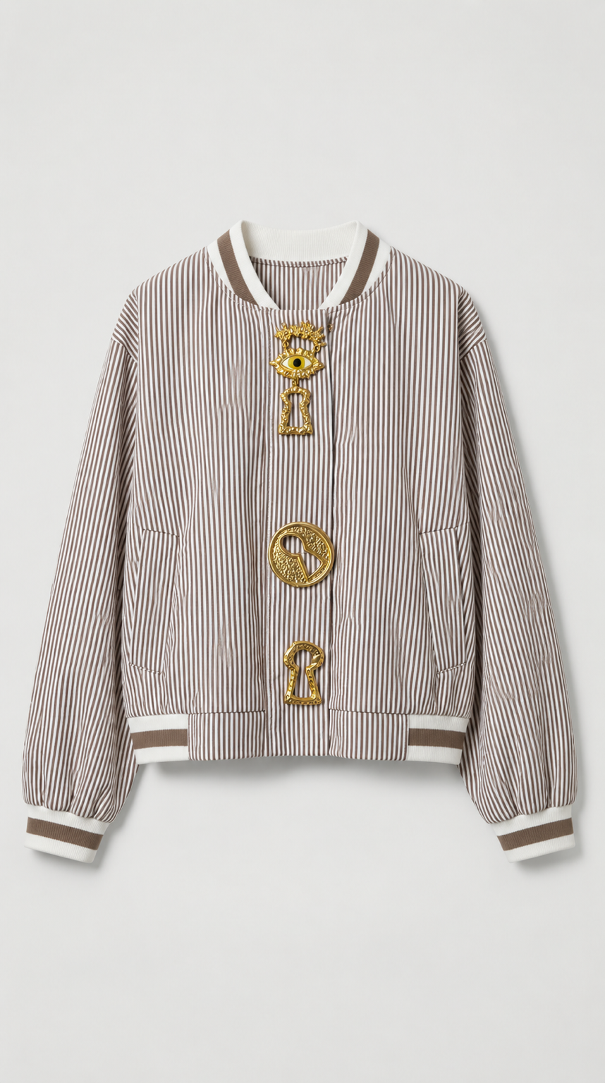 Pinstripe Bomber Jacket with Gold Motifs
