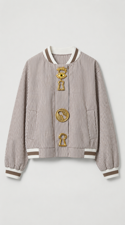 Pinstripe Bomber Jacket with Gold Motifs