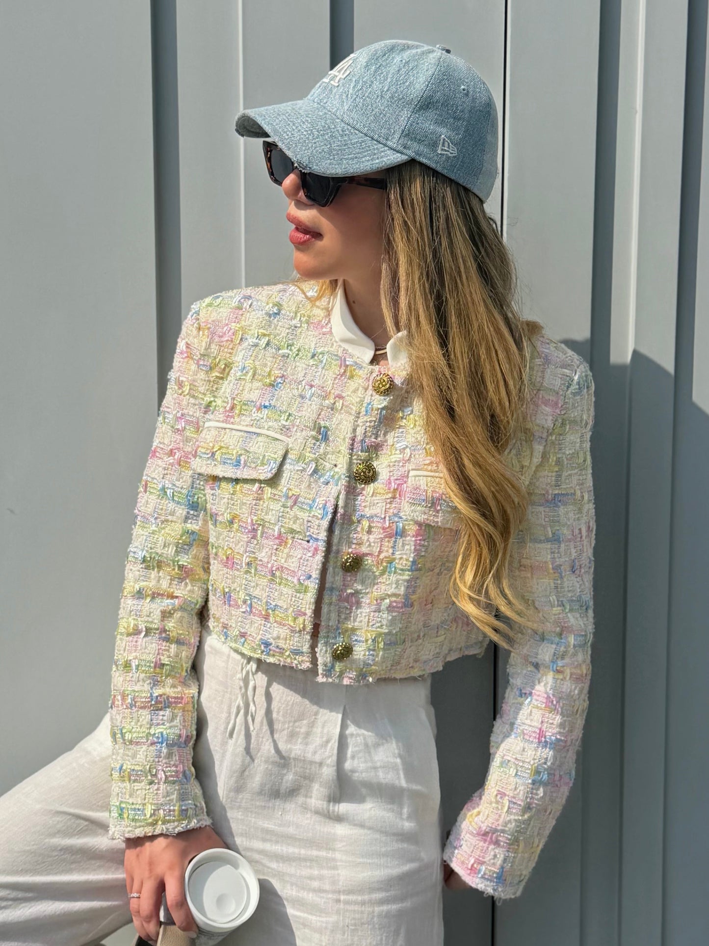 Cropped Pastel Tweed Blazer
