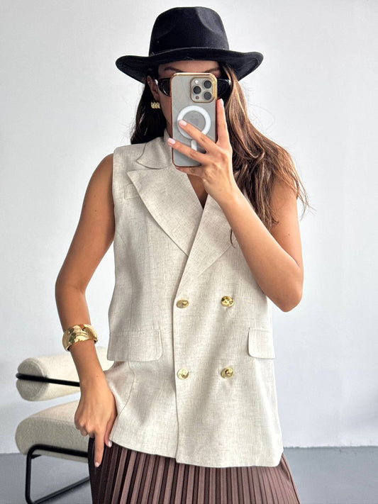 Beige Sleeveless Double Breast Vest