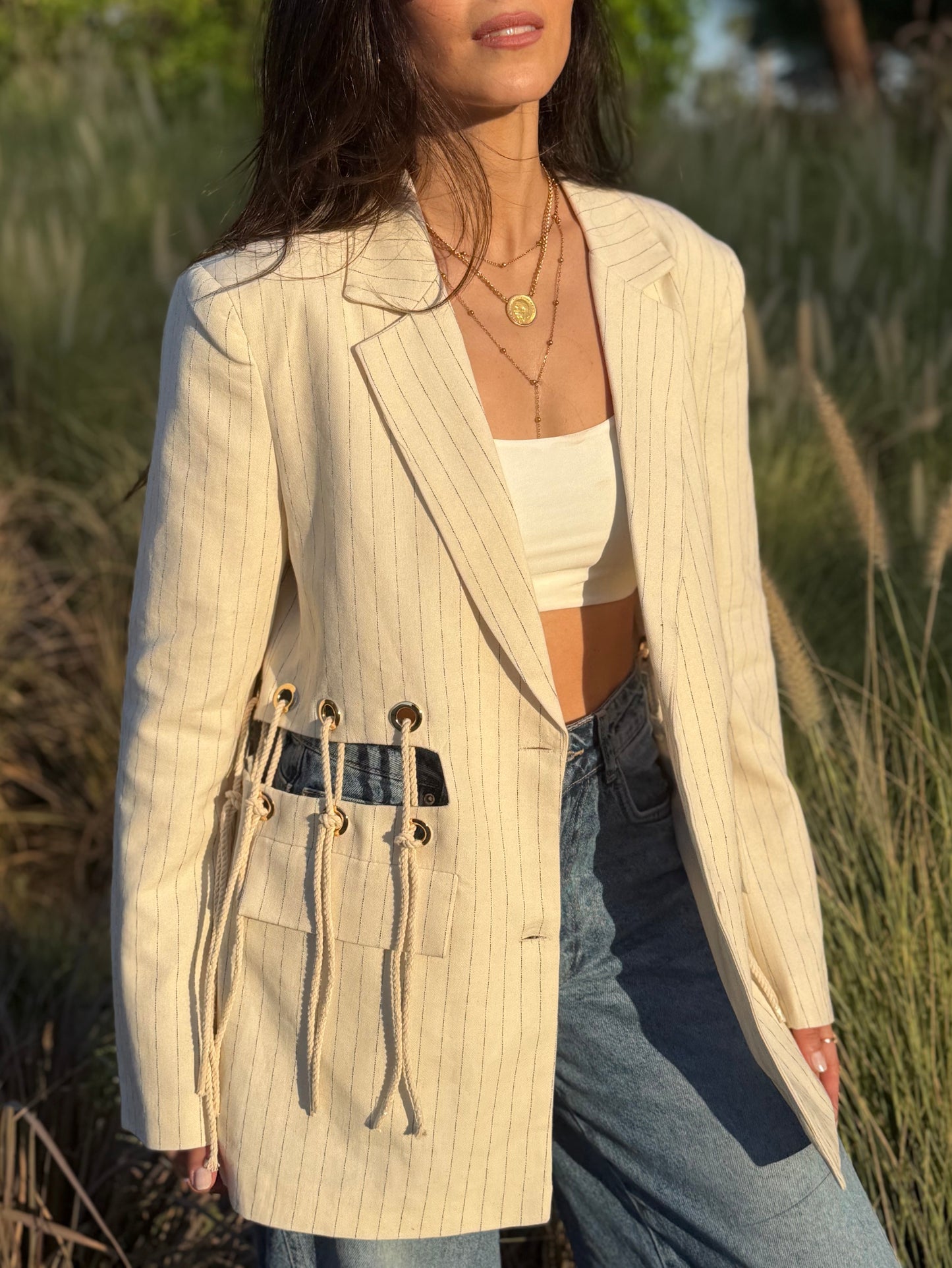 Rope Detail Pinstripe Linen Blazer