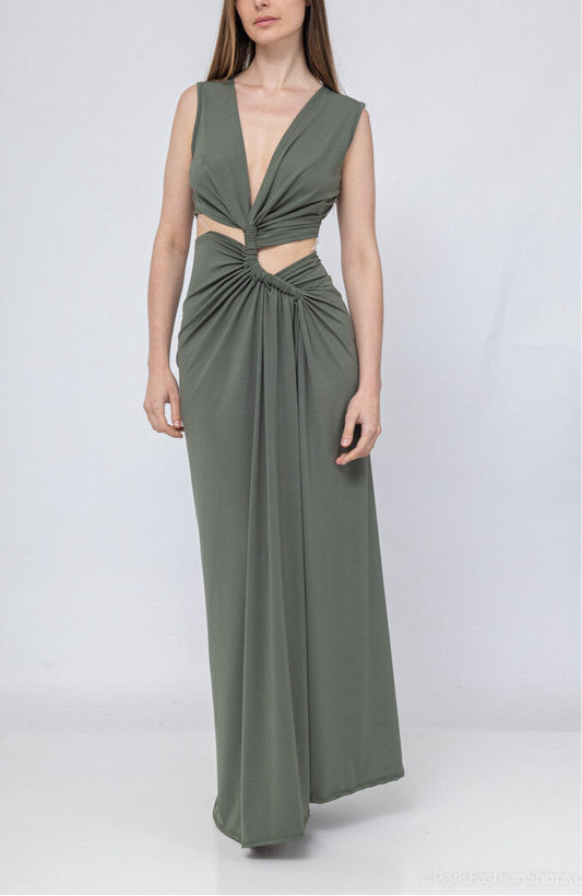 Khaki Knot-Front Cutout Maxi Dress