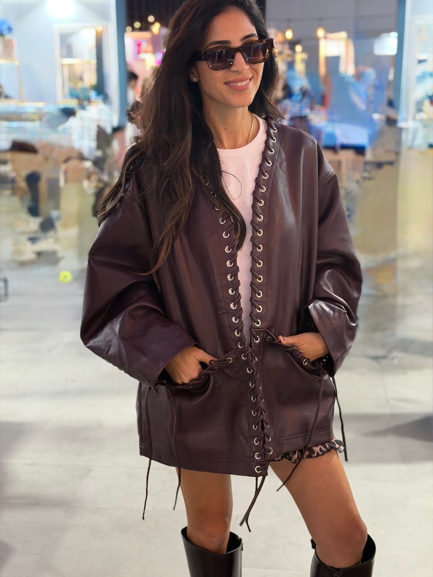 Lace-Up Oversized Leather Jacket