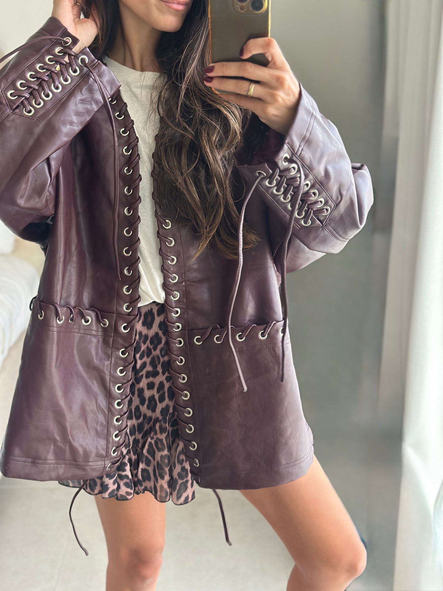 Lace-Up Oversized Leather Jacket