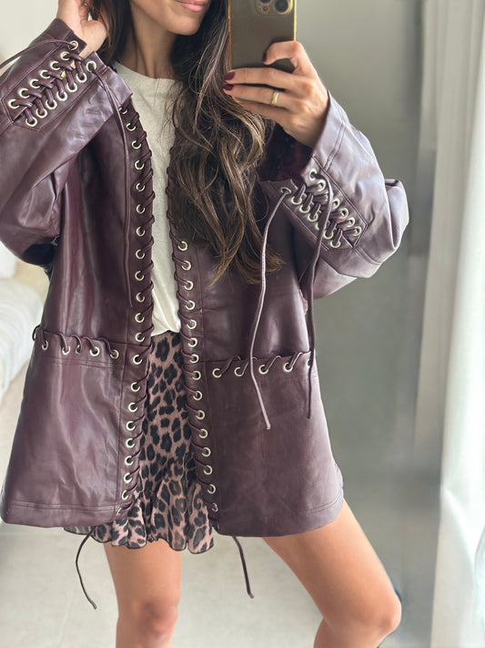 Lace-Up Oversized Leather Jacket