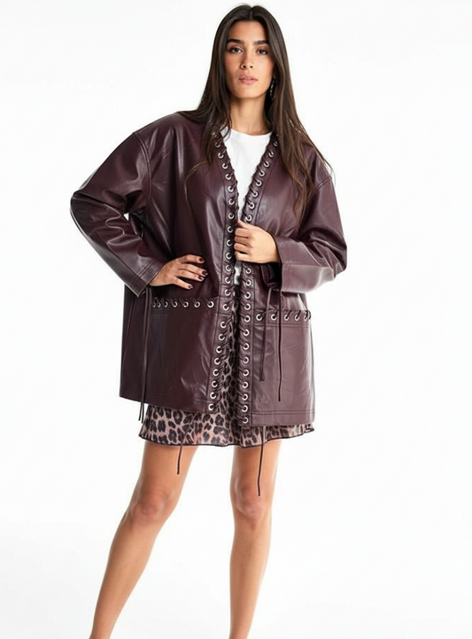 Lace-Up Oversized Leather Jacket