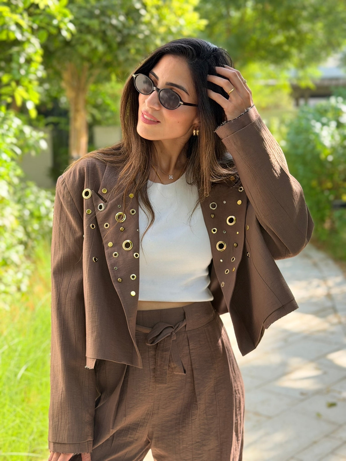Brown hand-embellished Eyelet Blazer & Trouser Set