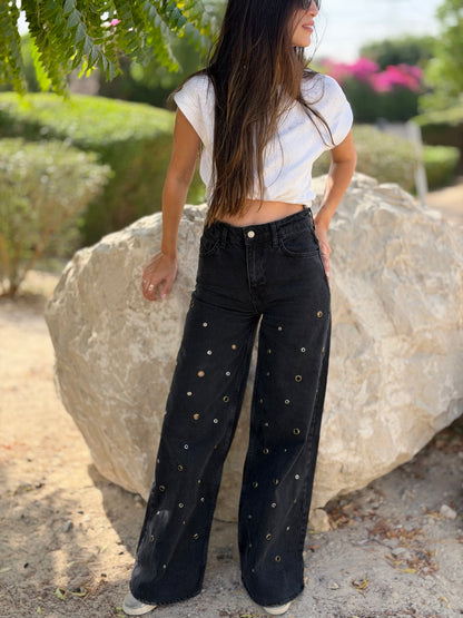 Eyelet-Washed Wide Jeans
