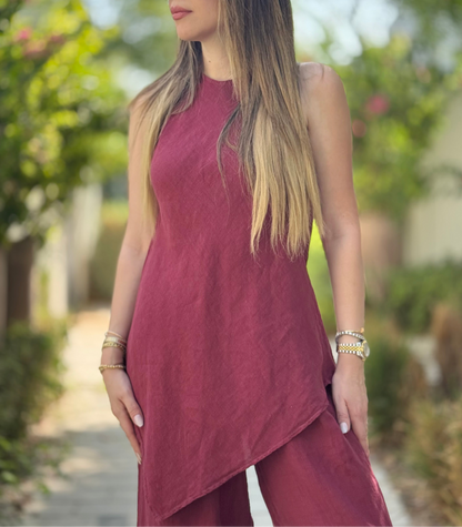 Asymmetric Linen Set in Bordeaux