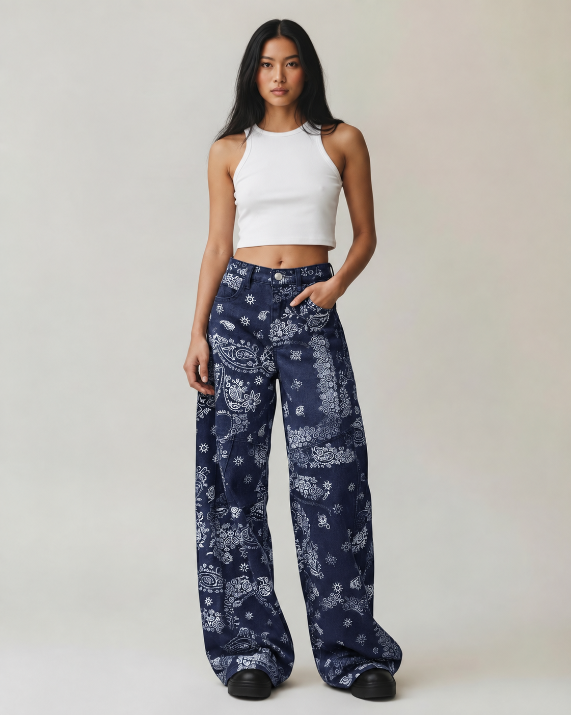 Navy Bandana Print Denim