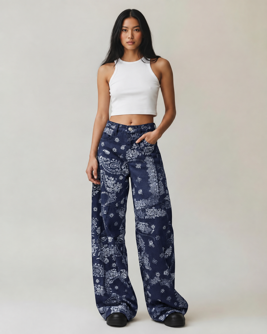 Navy Bandana Print Denim