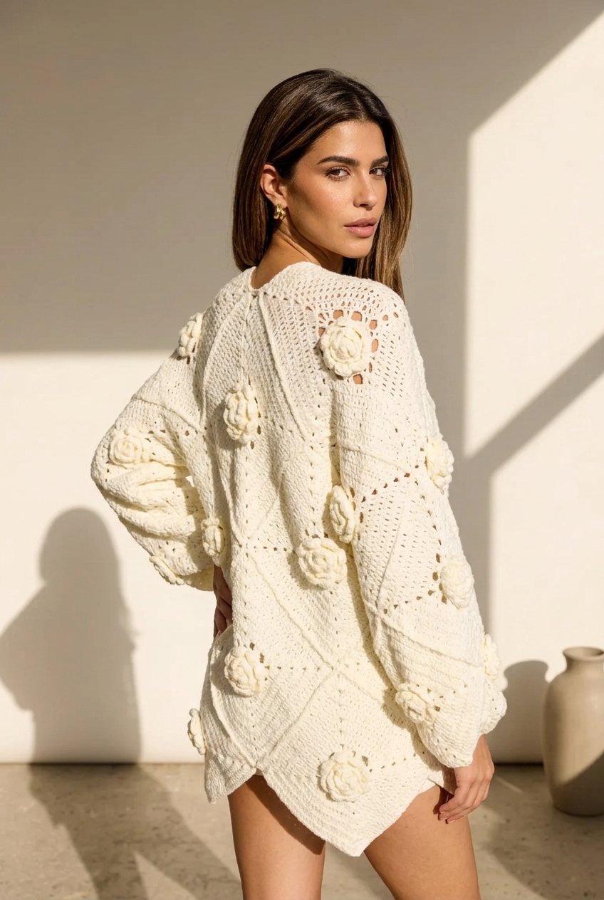 Handmade Cream 3D Floral Tricot Cardigan