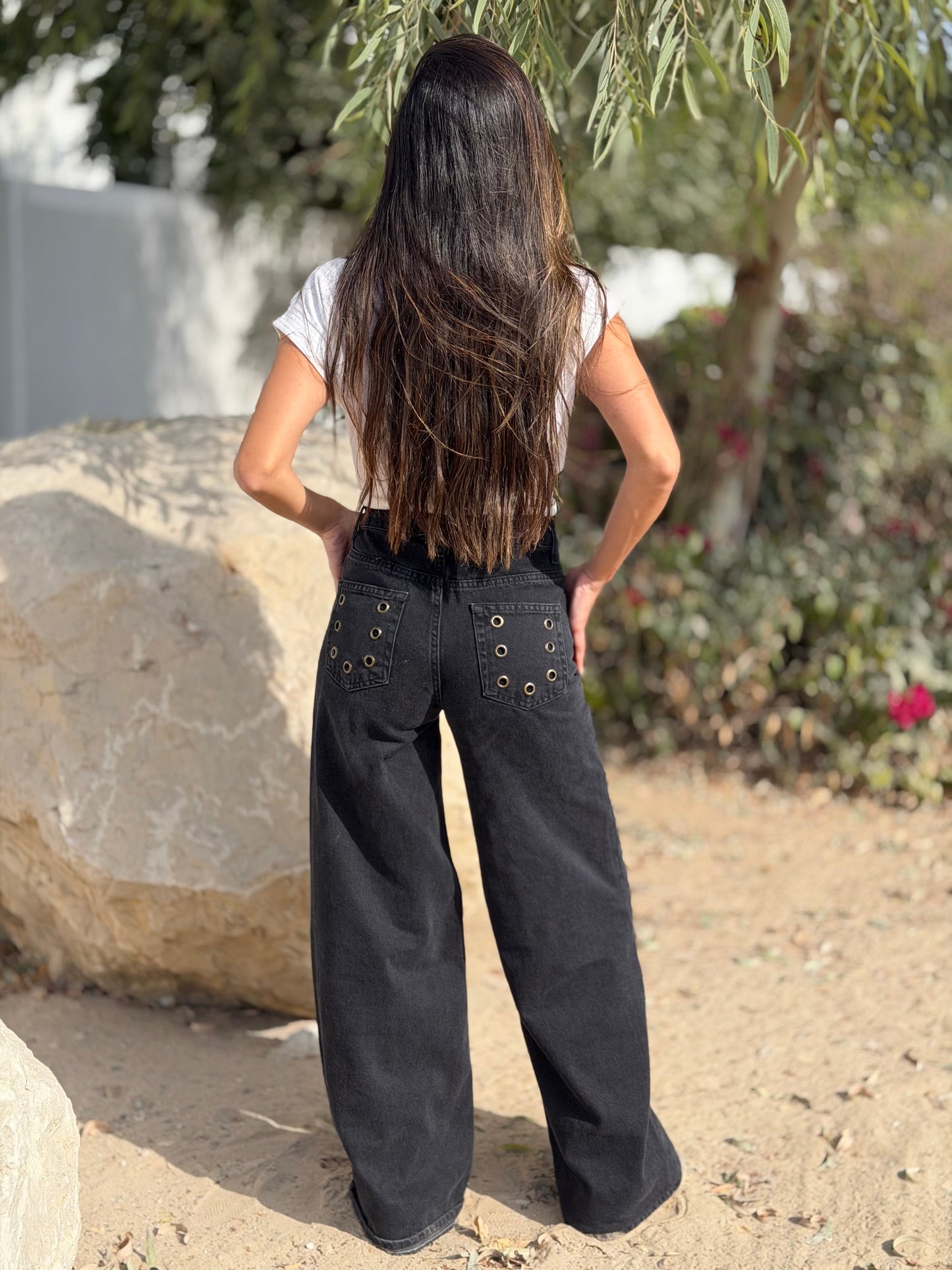 Eyelet-Washed Wide Jeans