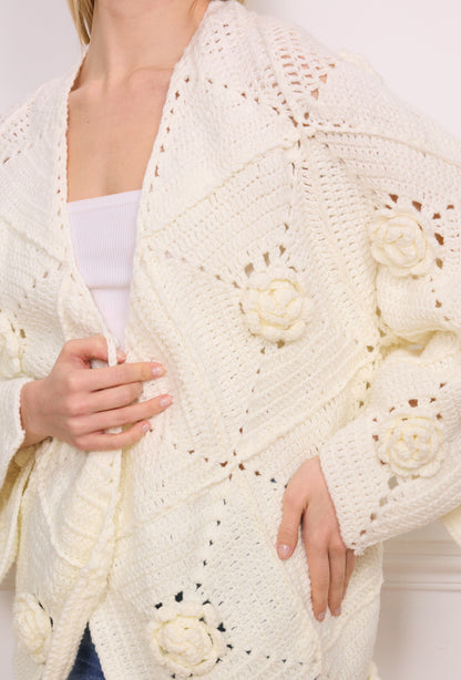 Handmade Cream 3D Floral Tricot Cardigan