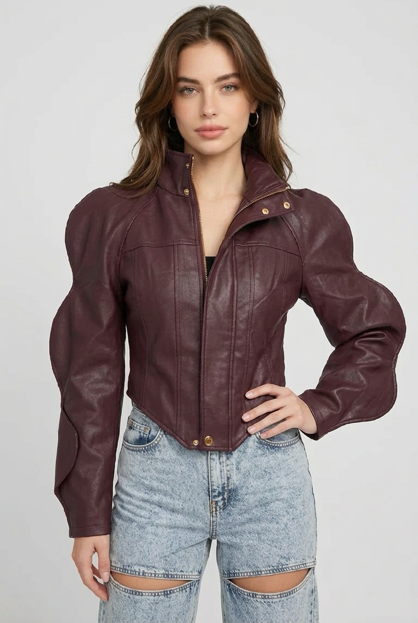 Burgundy Sculpted Wave-Sleeve Jacket
