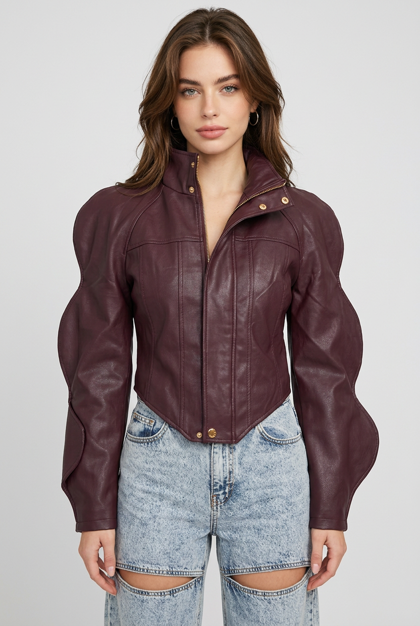 Burgundy Sculpted Wave-Sleeve Jacket