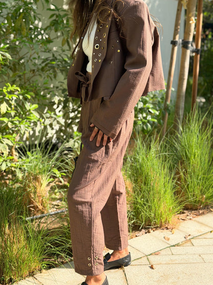 Brown hand-embellished Eyelet Blazer & Trouser Set