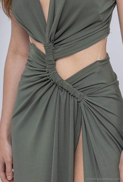 Khaki Knot-Front Cutout Maxi Dress