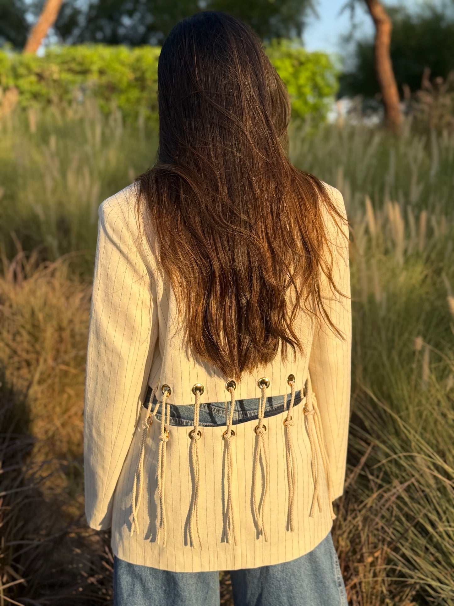 Rope Detail Pinstripe Linen Blazer