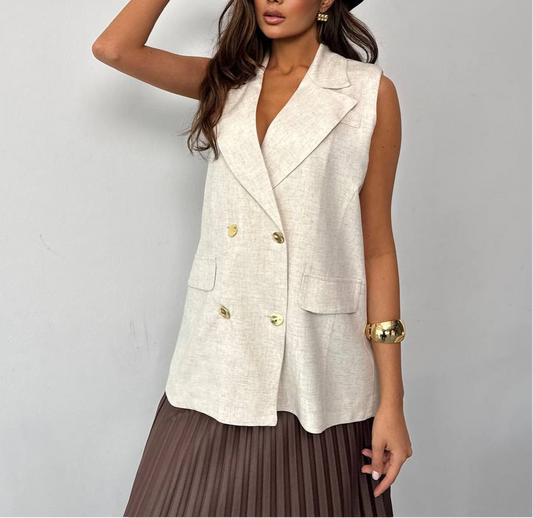 Beige Sleeveless Double Breast Vest