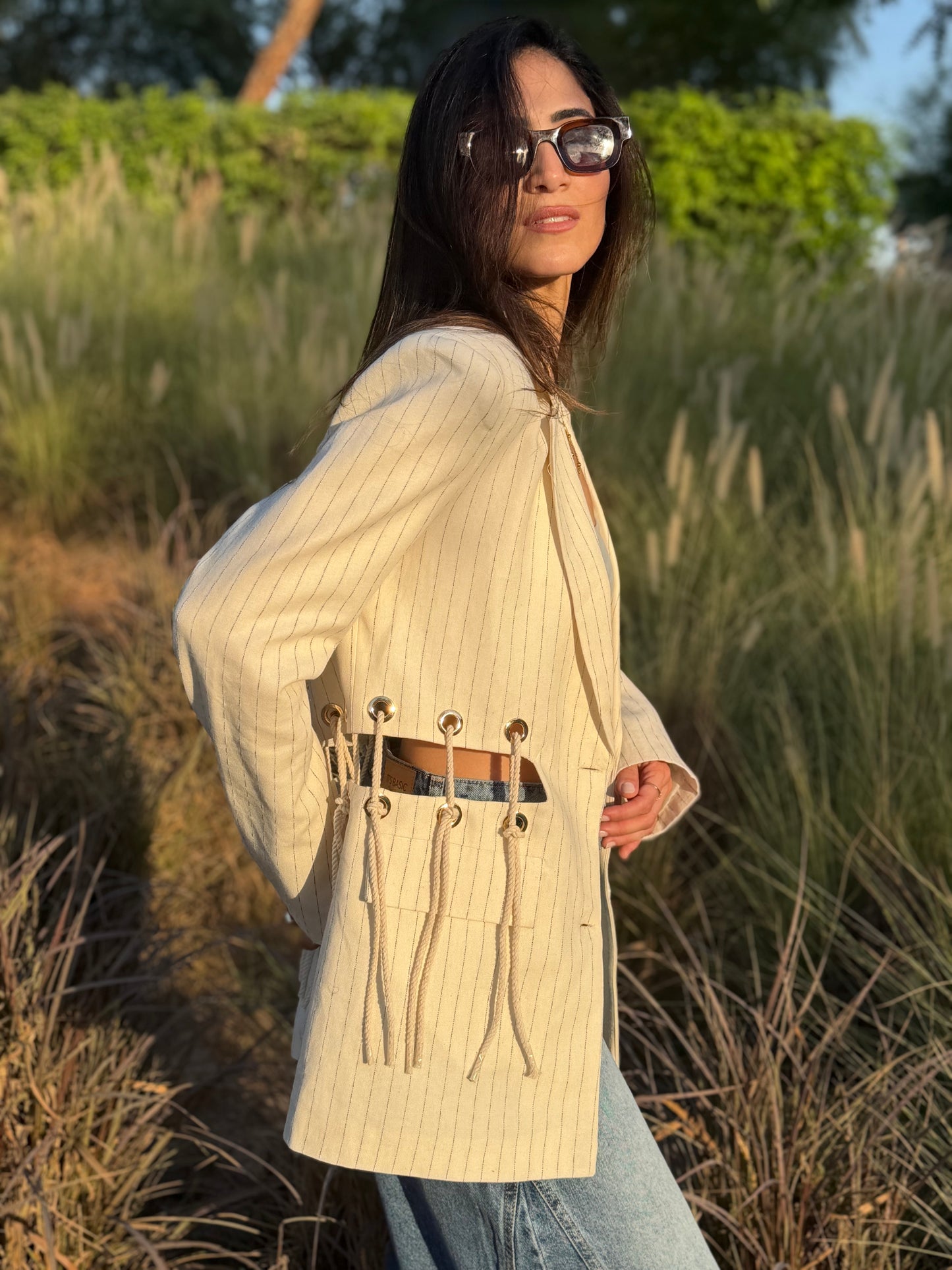 Rope Detail Pinstripe Linen Blazer
