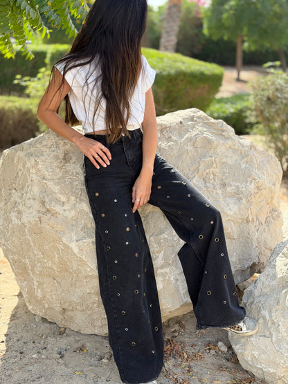 Eyelet-Washed Wide Jeans