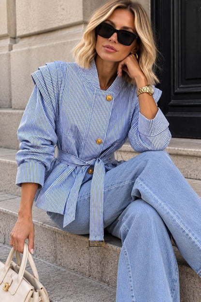 Blue Striped Belted Jacket with Pleated Shoulders