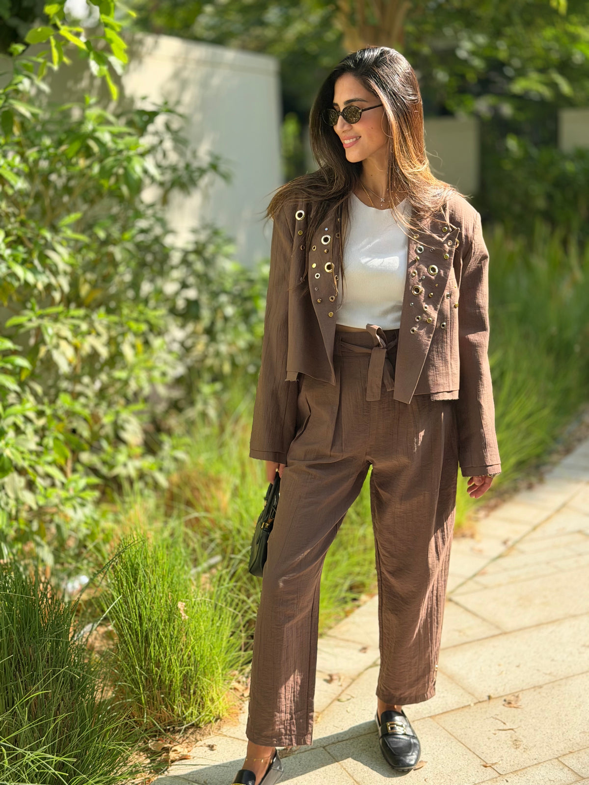 Brown hand-embellished Eyelet Blazer & Trouser Set