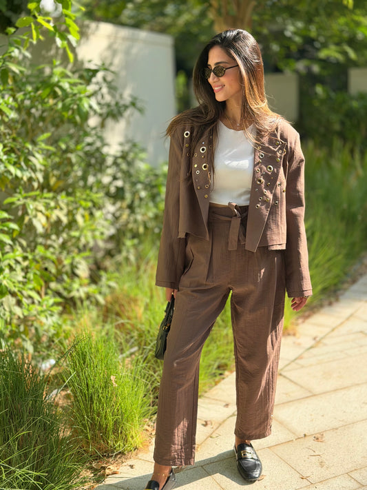 Brown hand-embellished Eyelet Blazer & Trouser Set