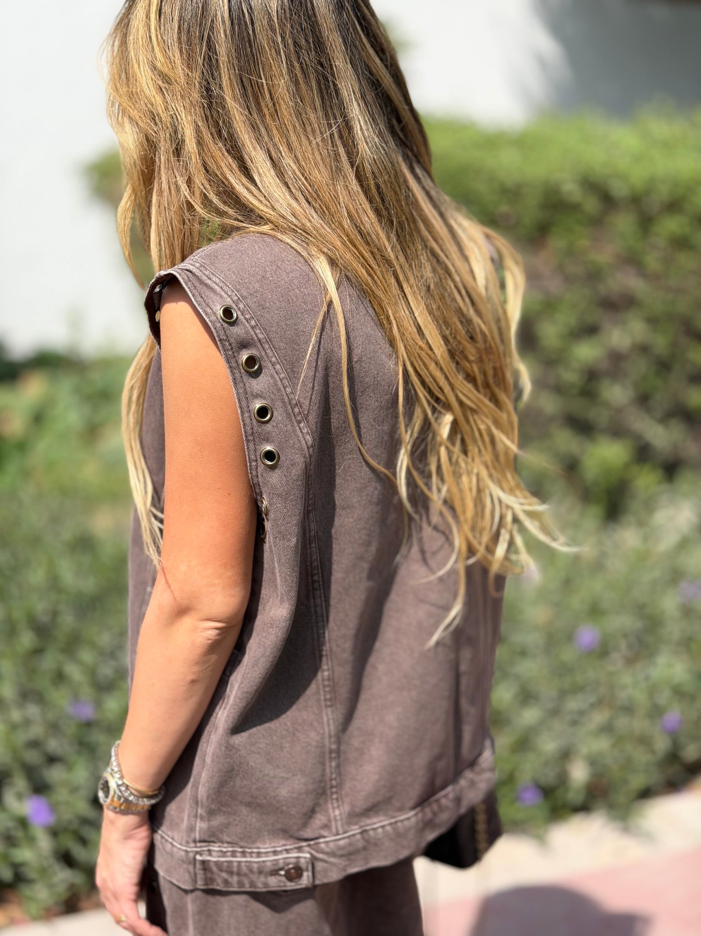 Washed Brown Denim Eyelets Vest