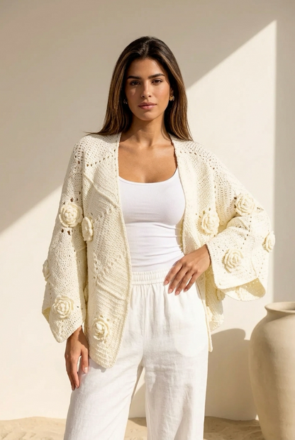 Handmade Cream 3D Floral Tricot Cardigan