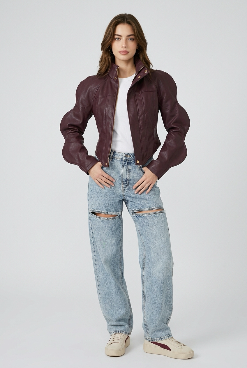 Burgundy Sculpted Wave-Sleeve Jacket