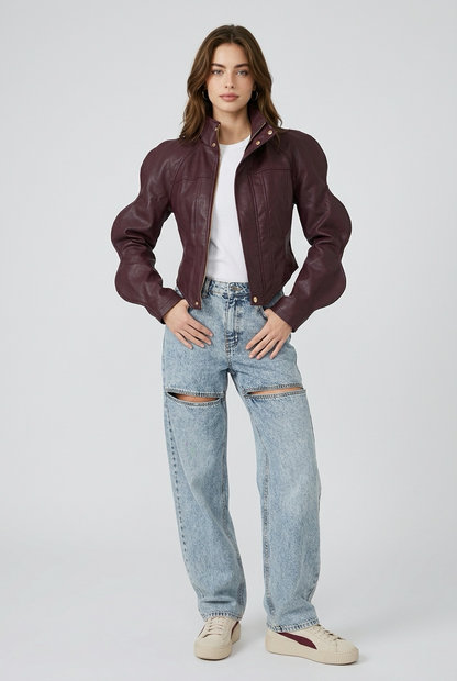 Burgundy Sculpted Wave-Sleeve Jacket