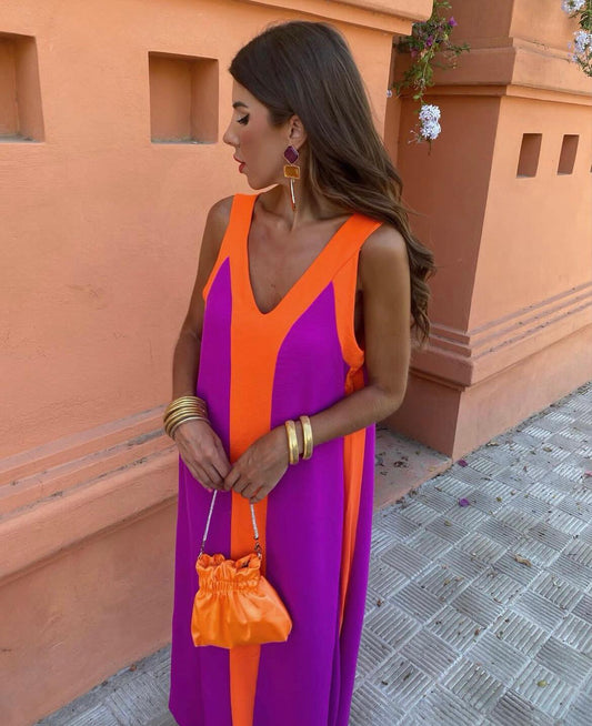 Tangerine and Fuchsia Colorblock Maxi Dress