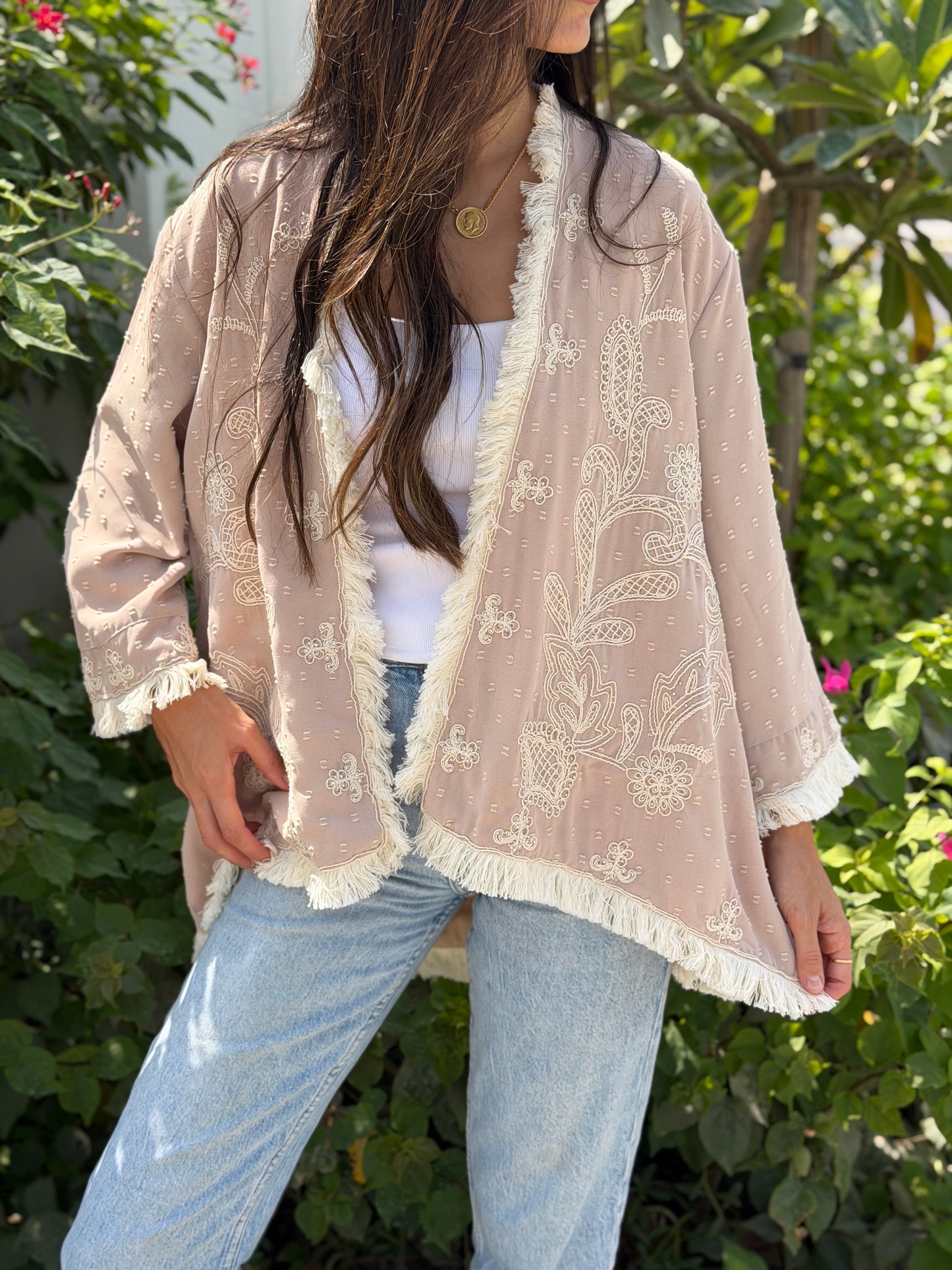 Embroidered Fringe Kimono