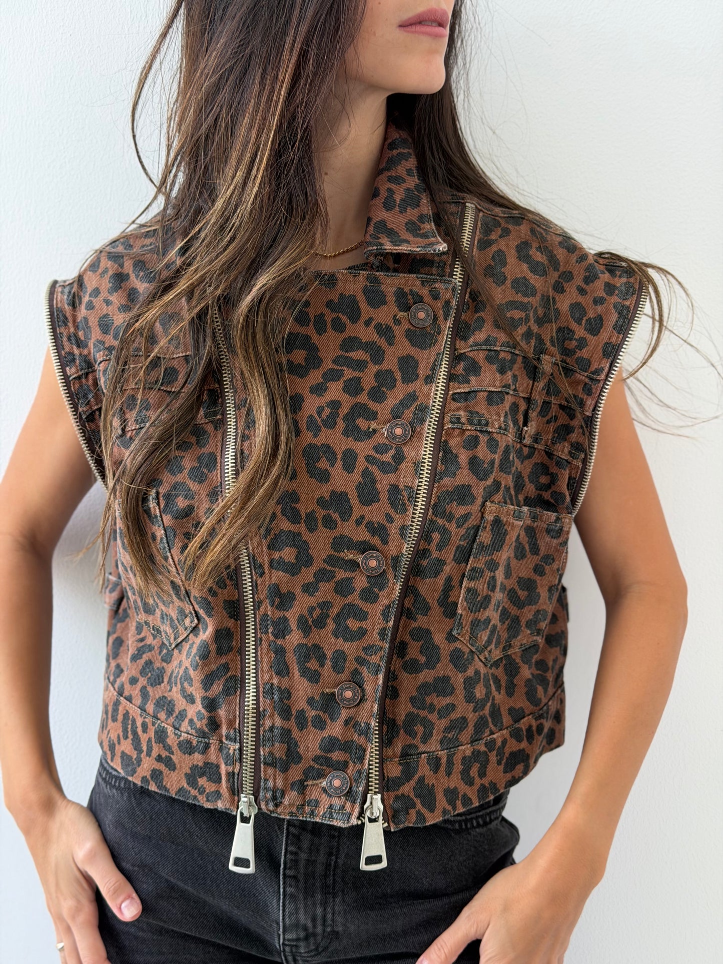 Zipper-Detailed Leopard Denim Vest